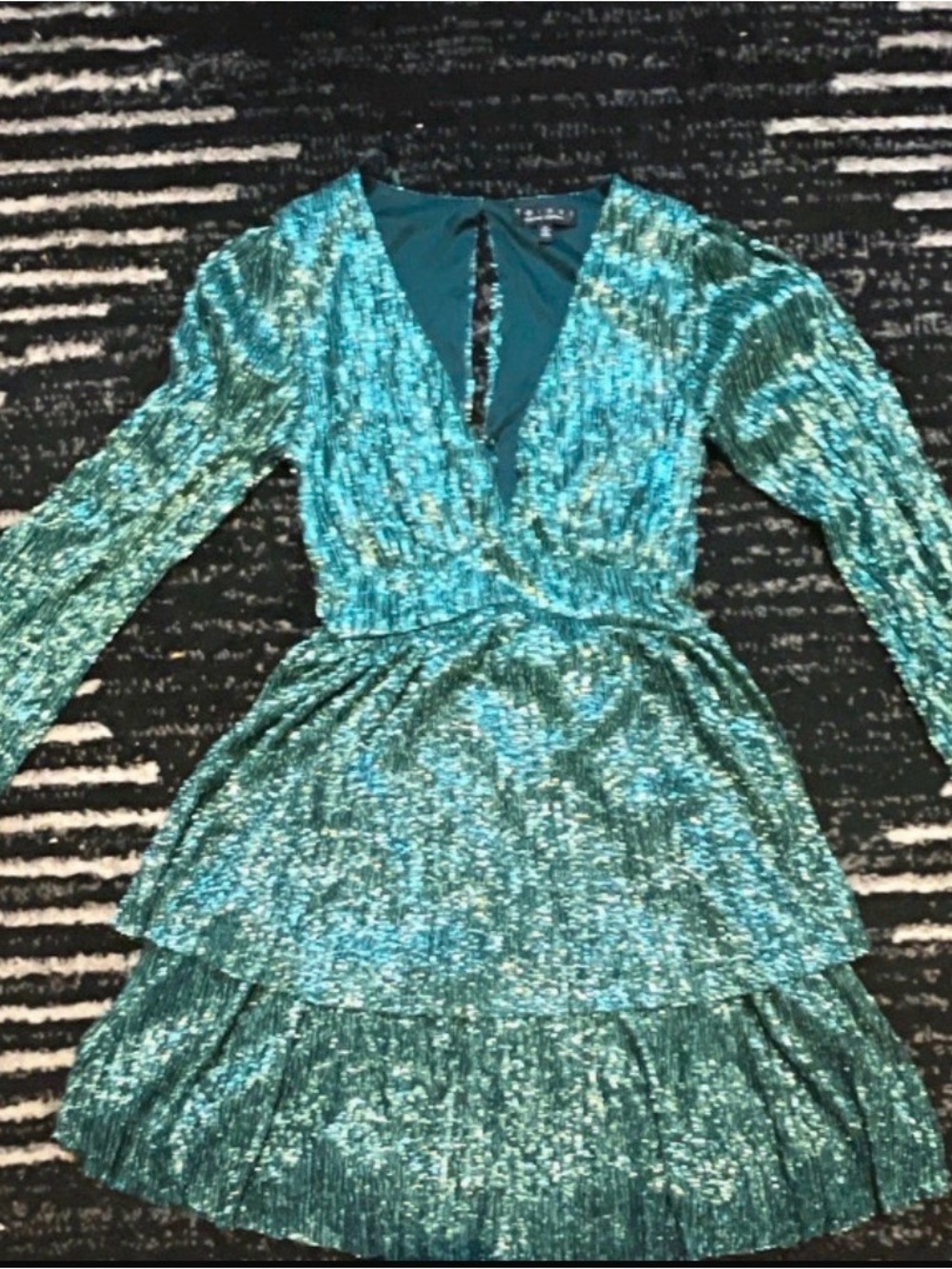 Shimmery Teal Long-Sleeve Tiered V-Neck Dress